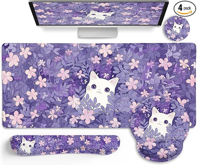 LIMKRIAN Purple Mouse Pad Large Desk Mat Set, Kawaii Cat Computer Mouse Pad by LIMKRIAN