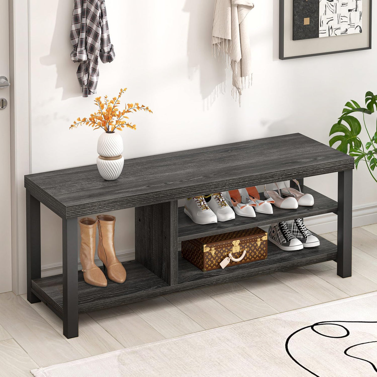 foluban entryway bench, rustic wood shoe storage bench, main product view