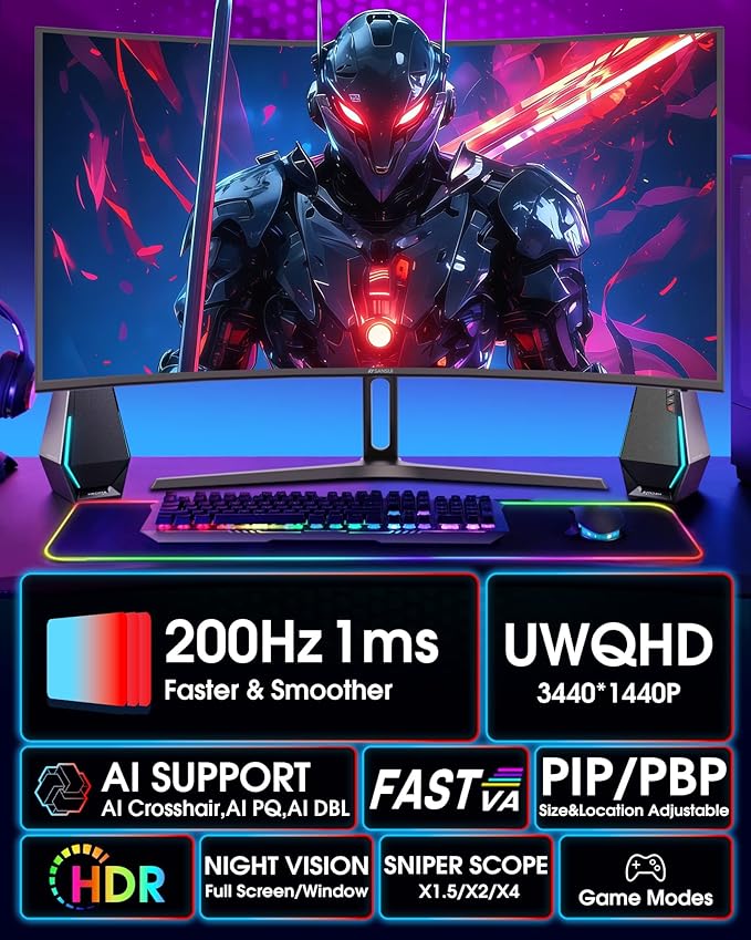 SANSUI 34 Inch UWQHD 200HZ Curved Gaming Monitor, FastVA 3440x1440P Ultrawide - Image 2