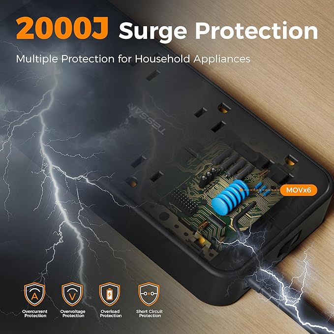 2000J Surge Protector Power Strip, TESSAN 5 FT Extension Cord - Image 2