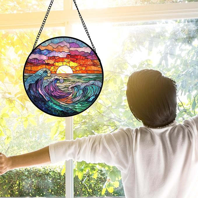 DASTOLL Stained Glass Window Hanging, Clouds and Sea Waves Suncatcher Diamond - Image 4