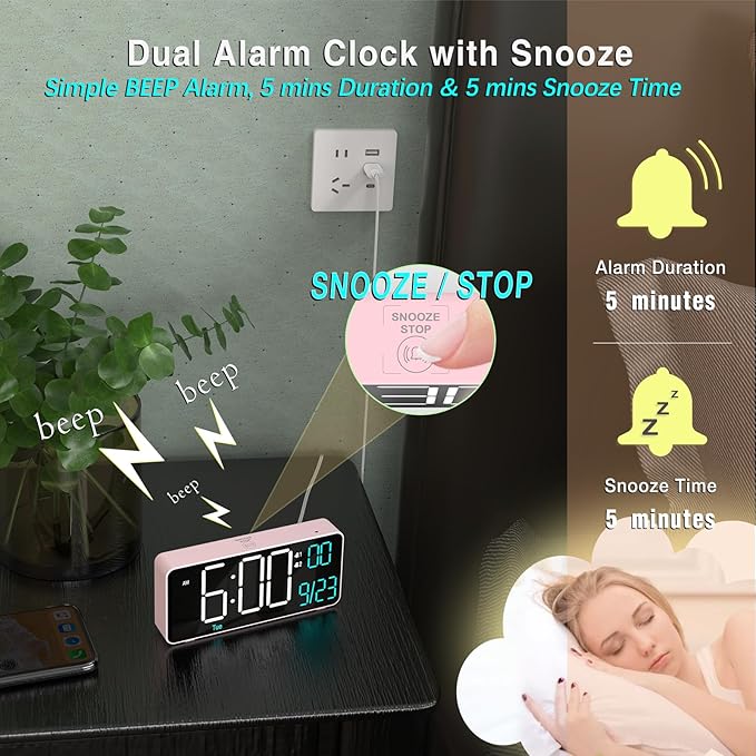 KOSUMOSU Alarm Clocks for Bedrooms, 6.7in Small Digital Clock, Auto Dimming - Image 6