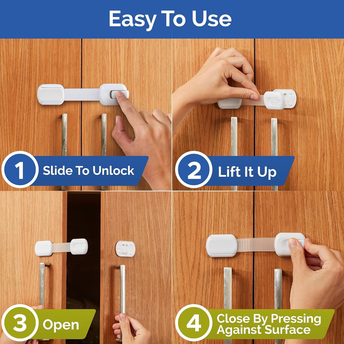 Child Safety Strap Locks (4 Pack) Baby Locks for Cabinets and Drawers, Toilet, Fridge & More. 3M Adhesive Pads. Easy Installation, No Drilling Required, White