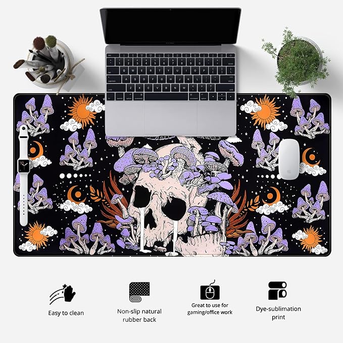 Black Mouse Pad Mushroom Desk Pad Skull Skeleton Purple Pc Laptop Office - Image 2
