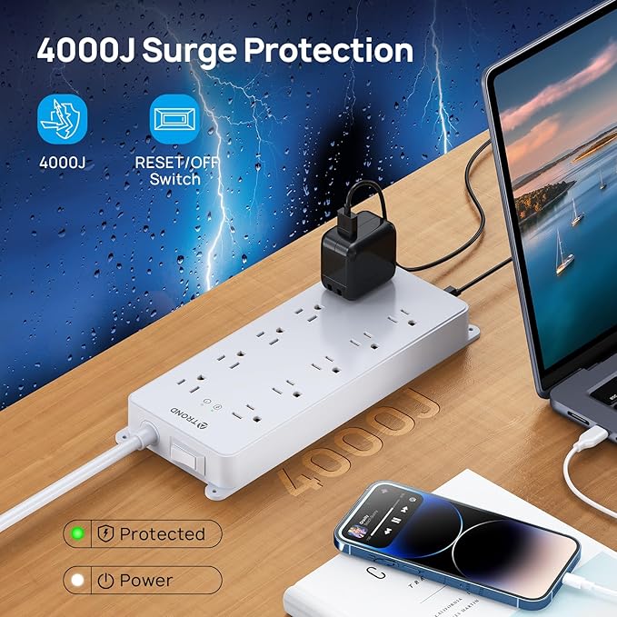 TROND Surge Protector Power Strip, Flat Plug 15ft Long Extension Cord, 10 - Image 4