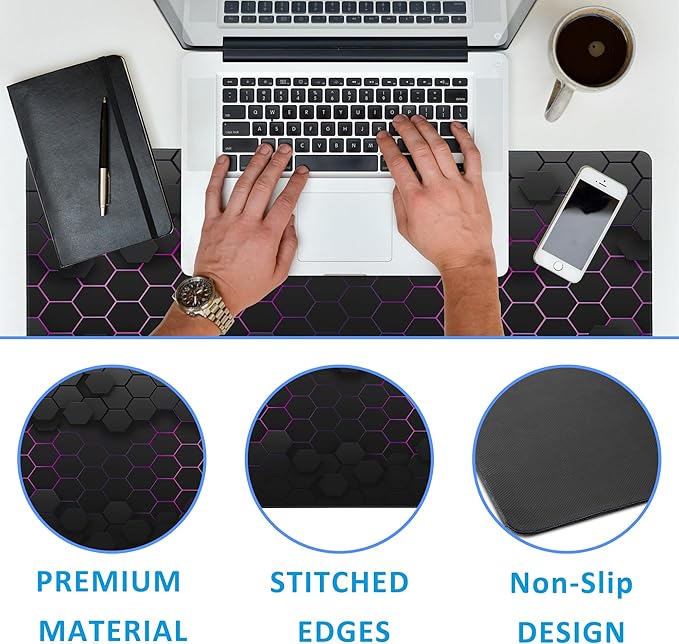 EOBKLAX Grid with Purple Light Large Gaming Mouse Pad, Waterproof Desk Mat - Image 3