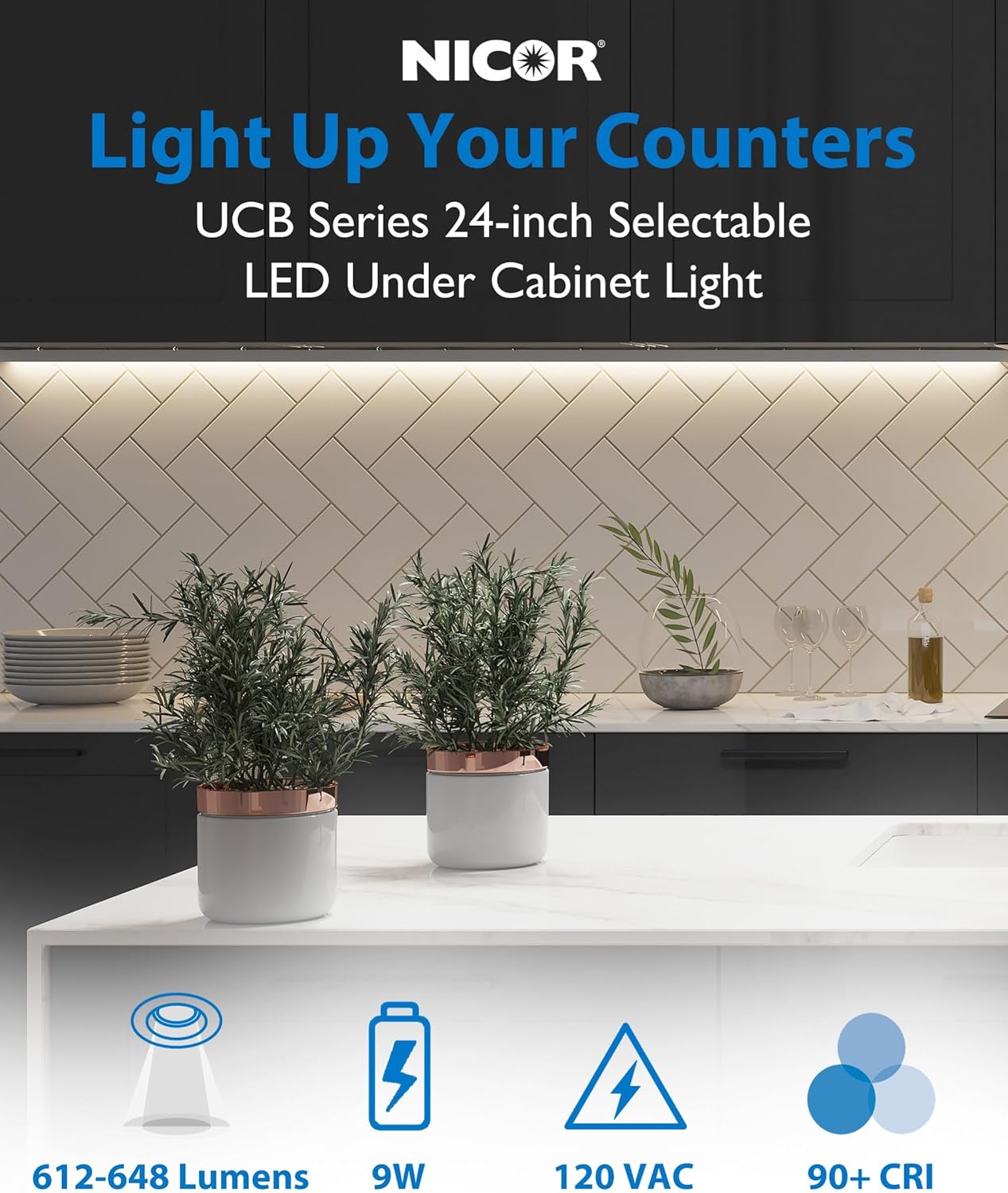 24” LED Direct Wire Under Cabinet Light - Dimmable Undercounter LED Lights for Kitchen - Selectable CCT 2700K-5000K, 612-648 Lumens, 9W - UCB Series Hardwired Under Cabinet Lighting by NICOR Lighting