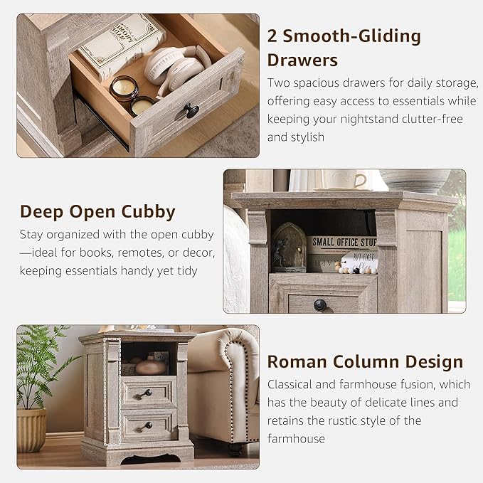 Farmhouse Nightstand with Charging Station, Wooden Side Table w/Roman Column - Image 5