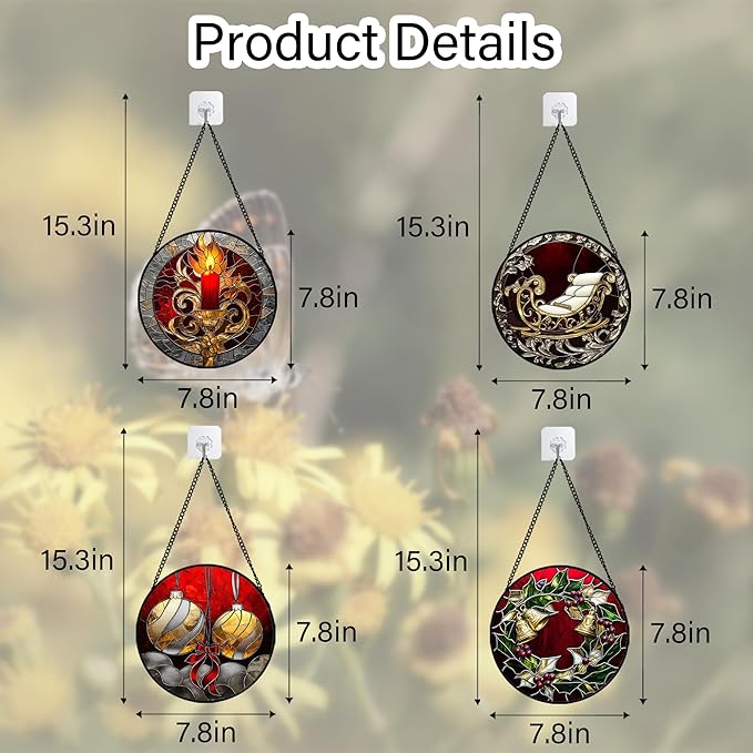 AMDERVEN Stained Glass Window Hanging 4 Pcs Set Christmas Golden Bell Sleigh - Image 6