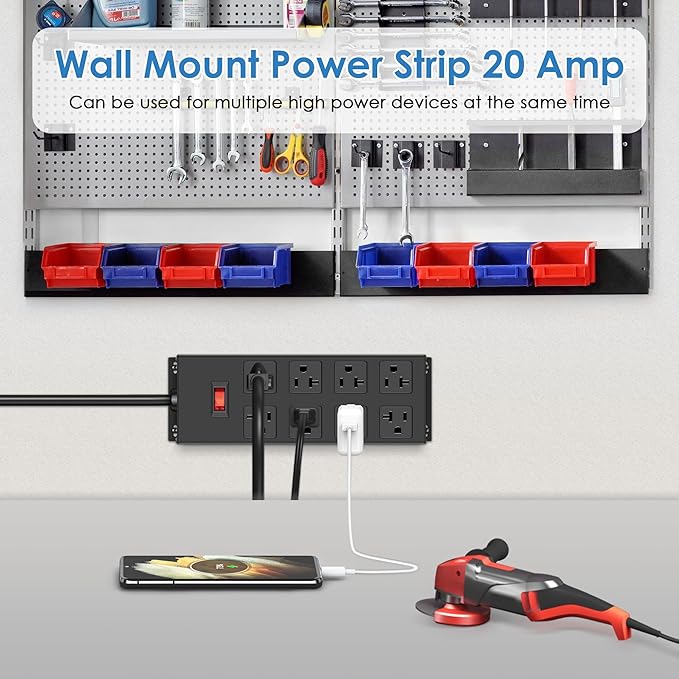 JUNNUJ Heavy Duty 20 Amp Power Strip, Garage 8 Outlets Metal 12 Gauge Surge - Image 4