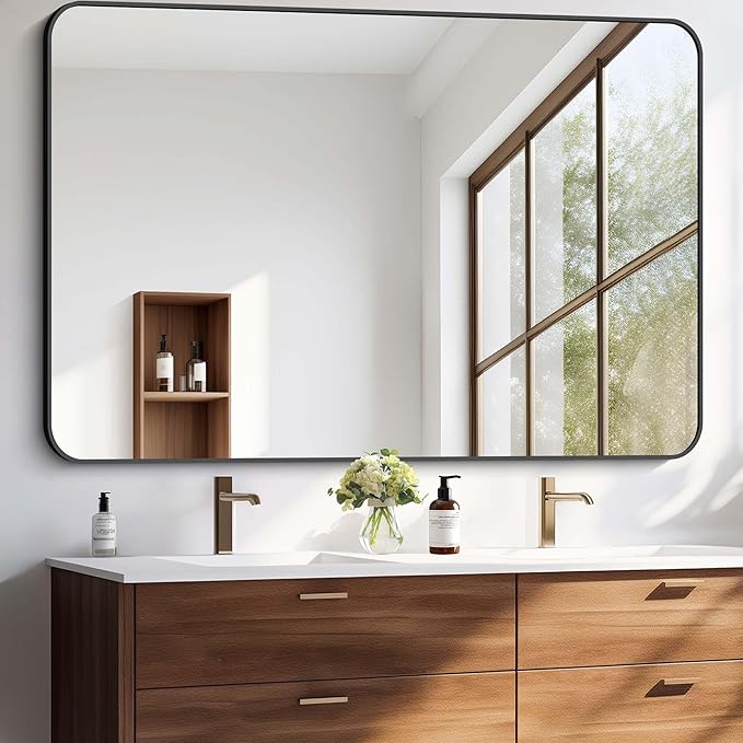Large Bathroom Mirror, 60 x 40 inch Black Rectangle Mirror, Metal Framed - Image 7