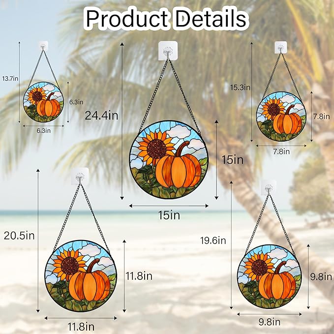 DASTOLL Stained Glass Window Hanging Fall Farm Scenery Sunflower Pumpkin 6.3" - Image 6