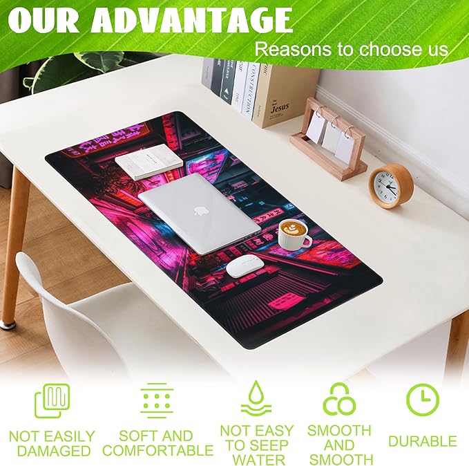 Eflxamz Desk Mat, Japanese Anime Neon Street Desk Pad, Anime City Large Gaming - Image 4