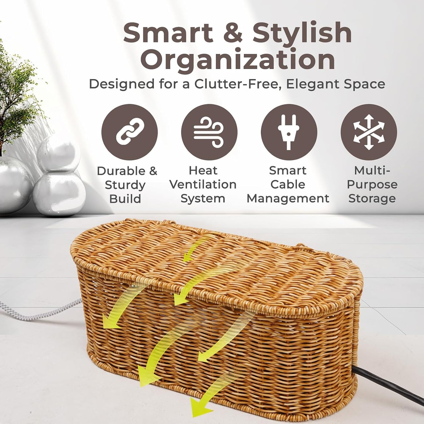 Cable Management Box, Handmade Rattan Cable Organizer, 2 Open Slots Cords Hider Box, Under Desk Cord Organizer for Computer Router USB Hub & Power Strip, 15.9" x 6.5" x 6.5", Natural