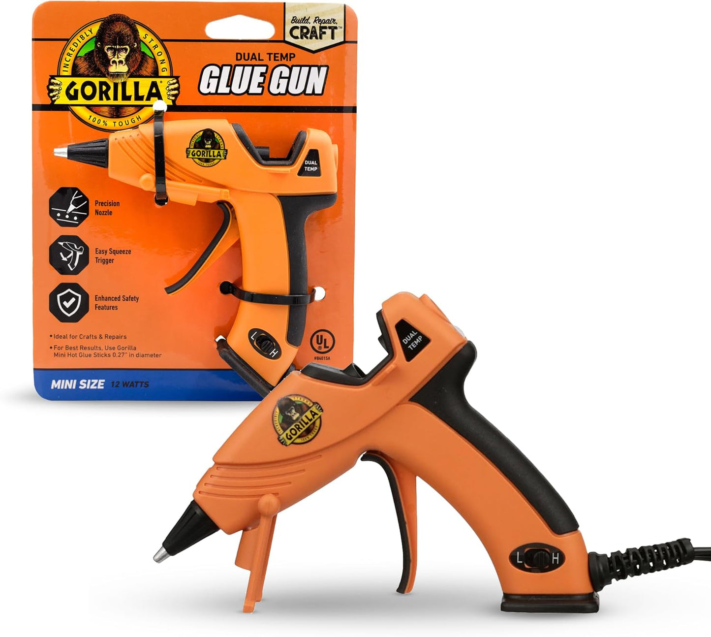 Gorilla Hot Glue Gun, Dual Temp, Mini Size, Easy Squeeze Trigger | Precision Nozzle, Enhanced Safety Features, Built-In Stand, Ideal for DIY, Craft, Repairs, and More