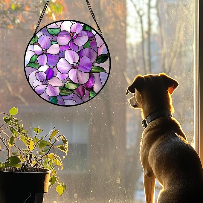 DASTOLL Stained Glass Window Hanging 4 Pcs Set Purple Flower Theme Large 11.8" - Image 4