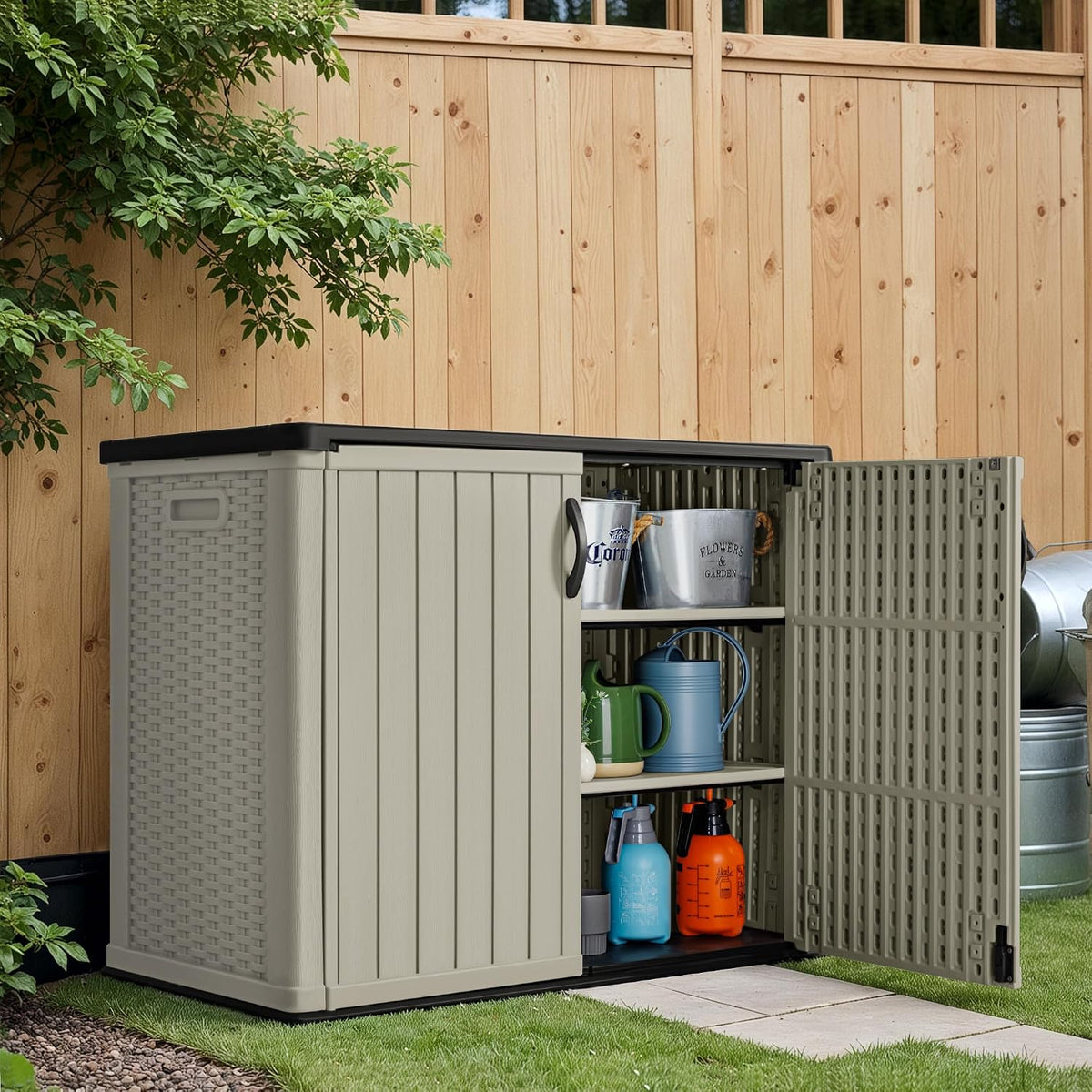 greesum 2 shelves of 26/50 cuft outdoor storage shown in use