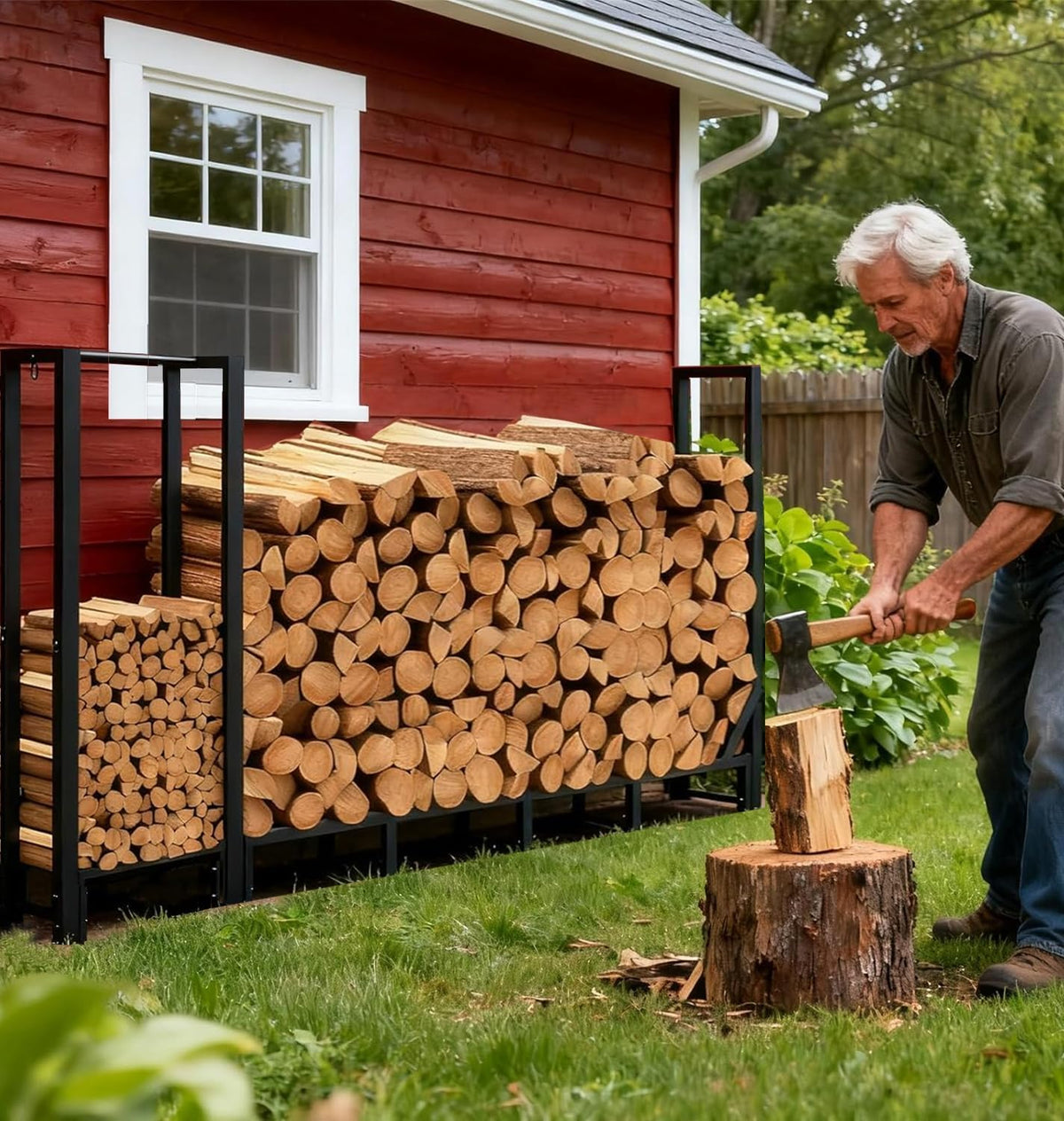 8ft heavy duty firewood rack with kindling storage,black shown in use