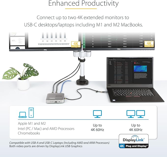 StarTech.com 7-in-1 USB C DisplayLink Dual Monitor Docking Station, 4K 60Hz - Image 2