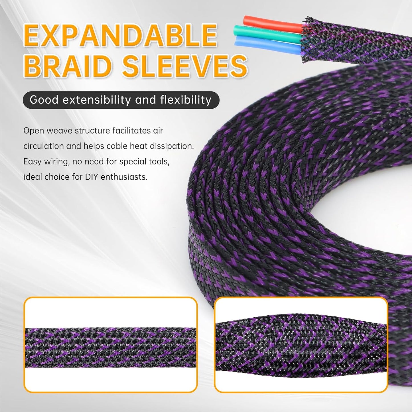 Braided Cable Sleeve, 33ft Expandable Wire Loom for Automotive Wiring Harness & PC Case, Pet-Proof Chew Resistant Cord Protector, Flexible Cable Management (Purple Black, 16mm (5/8"))