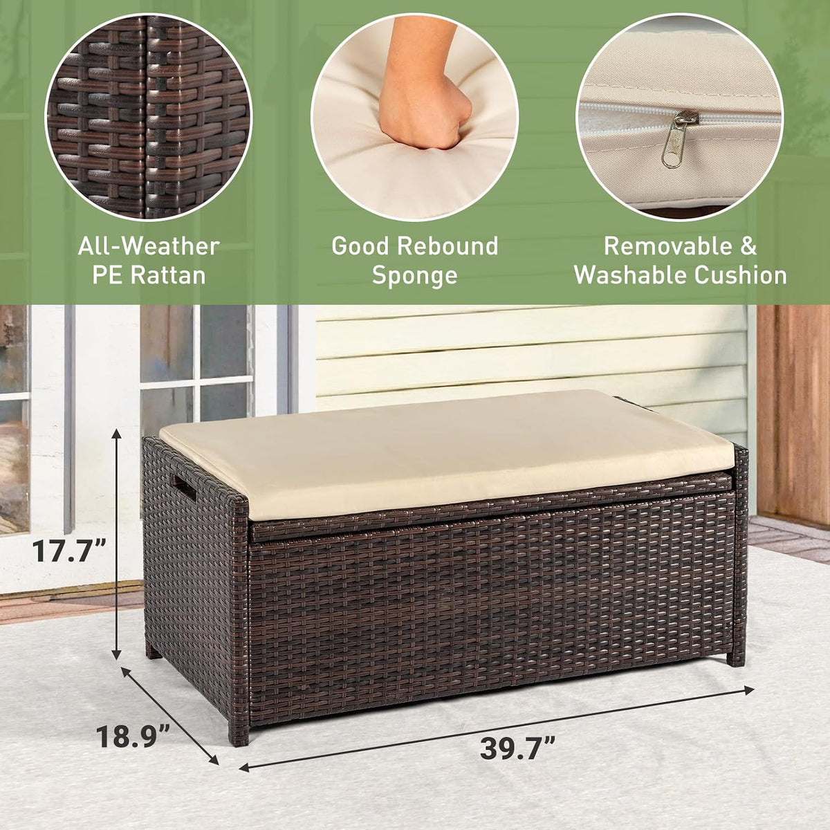 tappio deck box outdoor storage box bench, pe shown in use