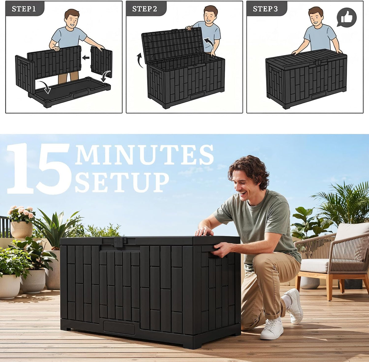 yitahome 60 gallon resin deck box, front angle view