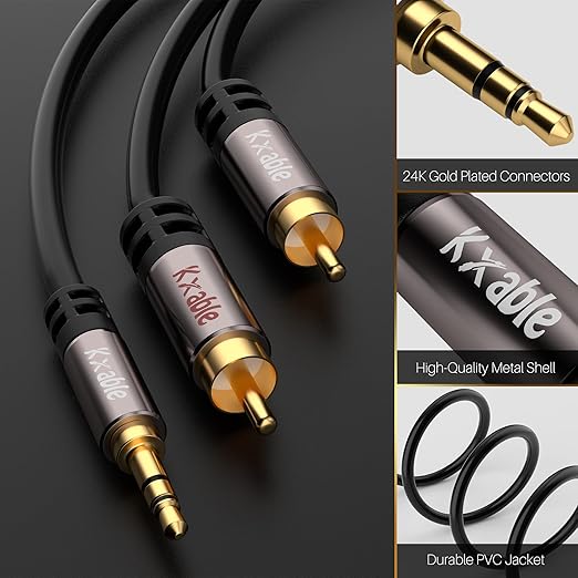 Kxable 3.5mm to RCA Cable 100FT, 2 Male RCA to Aux Stereo Audio Adapter - Image 2