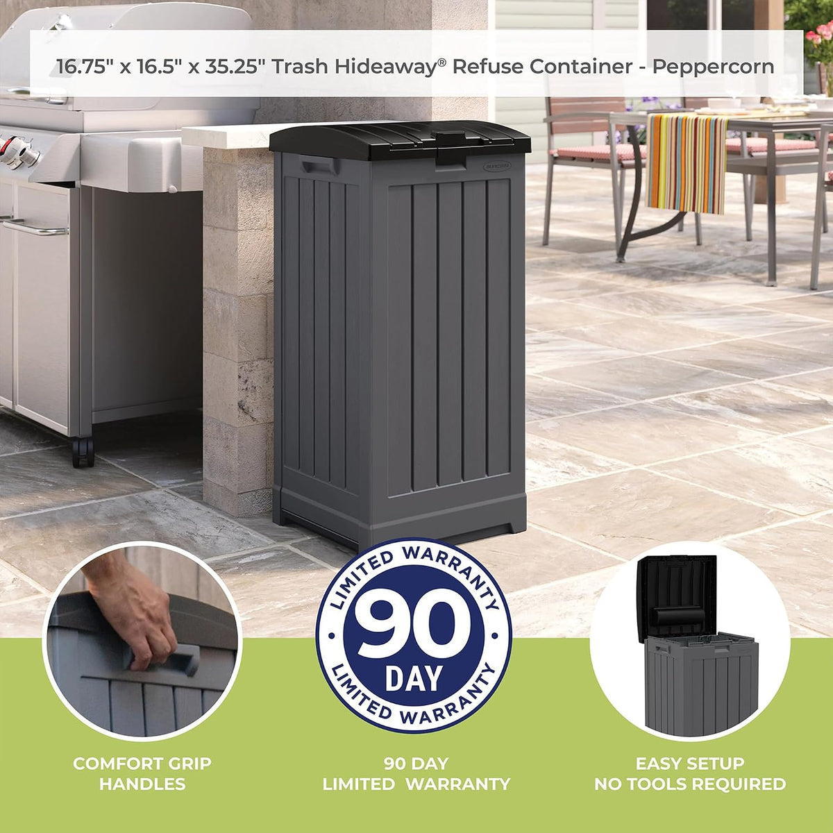 suncast 39-gallon resin outdoor hideaway trash can with on a desk or shelf