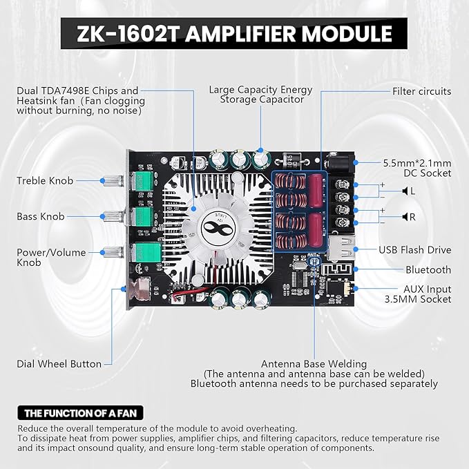 Audio Amplifier Board, ZK-1602T Bluetooth 5.0 Power Amp - Image 4