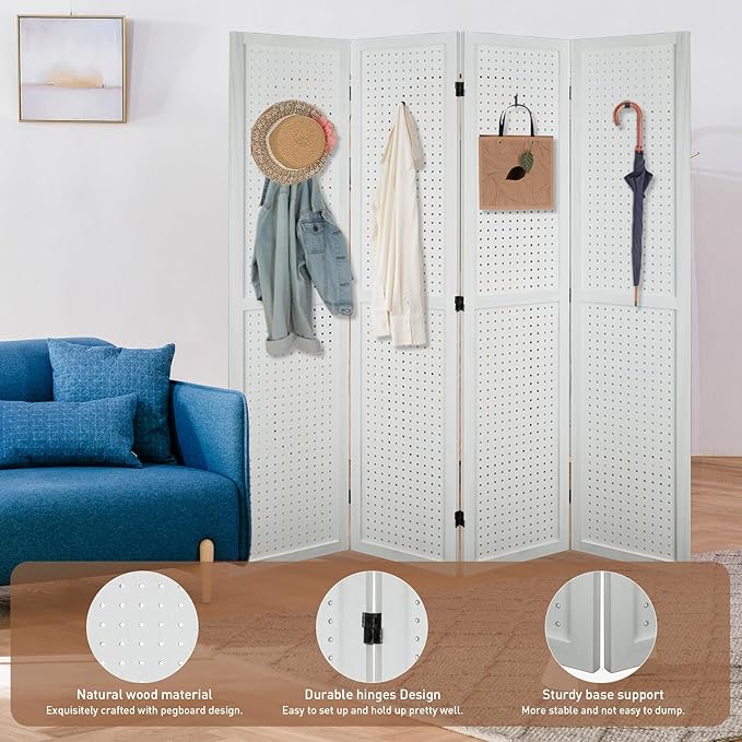 ECOMEX 4 Panel Room Divider, 5.6Ft Pegboard Display Wooden Room Divider Folding - Image 3