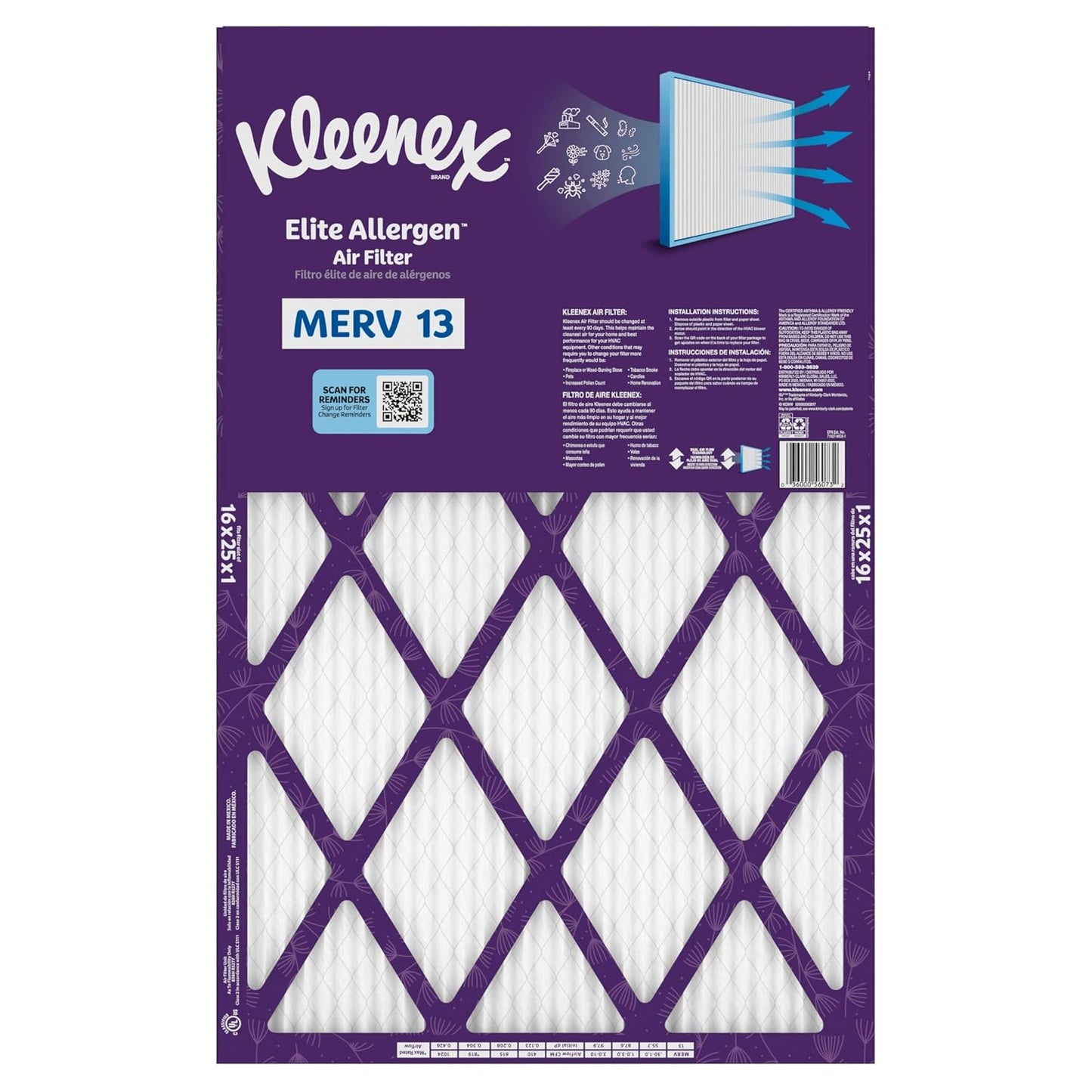 Kleenex Elite Allergen Air Filter 16x25x1 Inches - 13 MERV RATING (2-Pack)