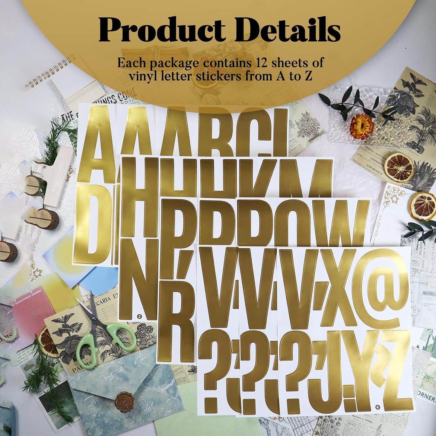114 Large Alphabet Stickers, 12 Sheets 5 Inch Self-Adhesive Vinyl Letters Sticker Decals for Mailboxes, Doors, Trucks, Windows, Suitable for Indoor and Outdoor - Gold
