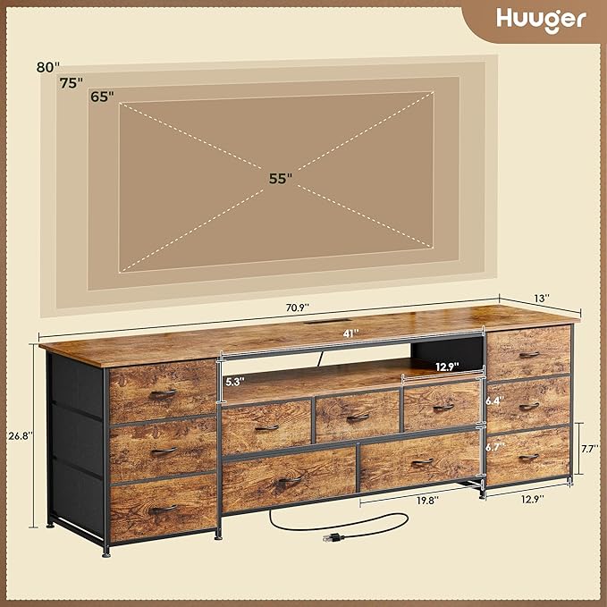 Huuger 70 Inch TV Stand for 75, 80 Inch TV, 11 Drawer Long Dresser - Image 3