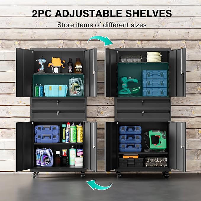 Metal Storage Cabinet with Wheels and Drawers, Rolling Garage Storage Cabinet - Image 4