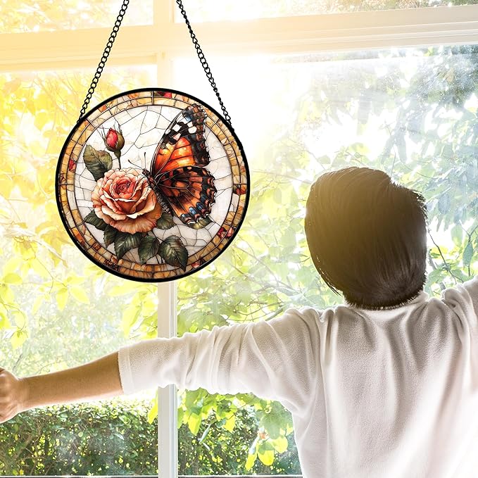 DASTOLL Stained Glass Window Hanging, Butterfly Picking Flowers Suncatcher - Image 2