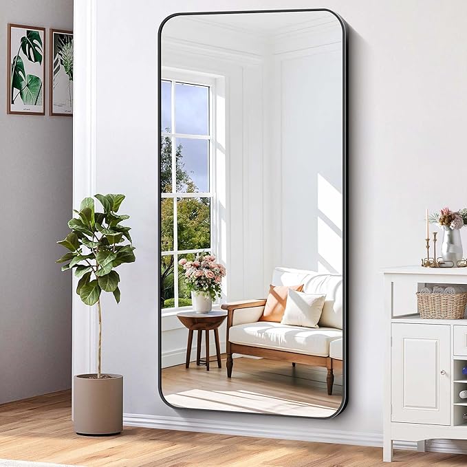 Bathroom Mirror, 60 x 30 inch Black Rectangle Wall Mirror, Metal Frame Rounded - Image 5