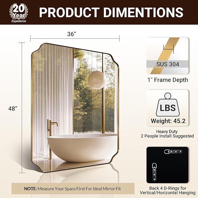 ANDY STAR 36"x48" Large Gold Mirror, Brushed Brass Rectangle Bathroom Mirror - Image 2