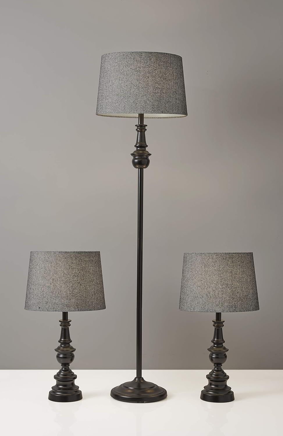 Adesso 3-Piece Lamp Set, Bronze & Dark Herringbone, Table and Floor