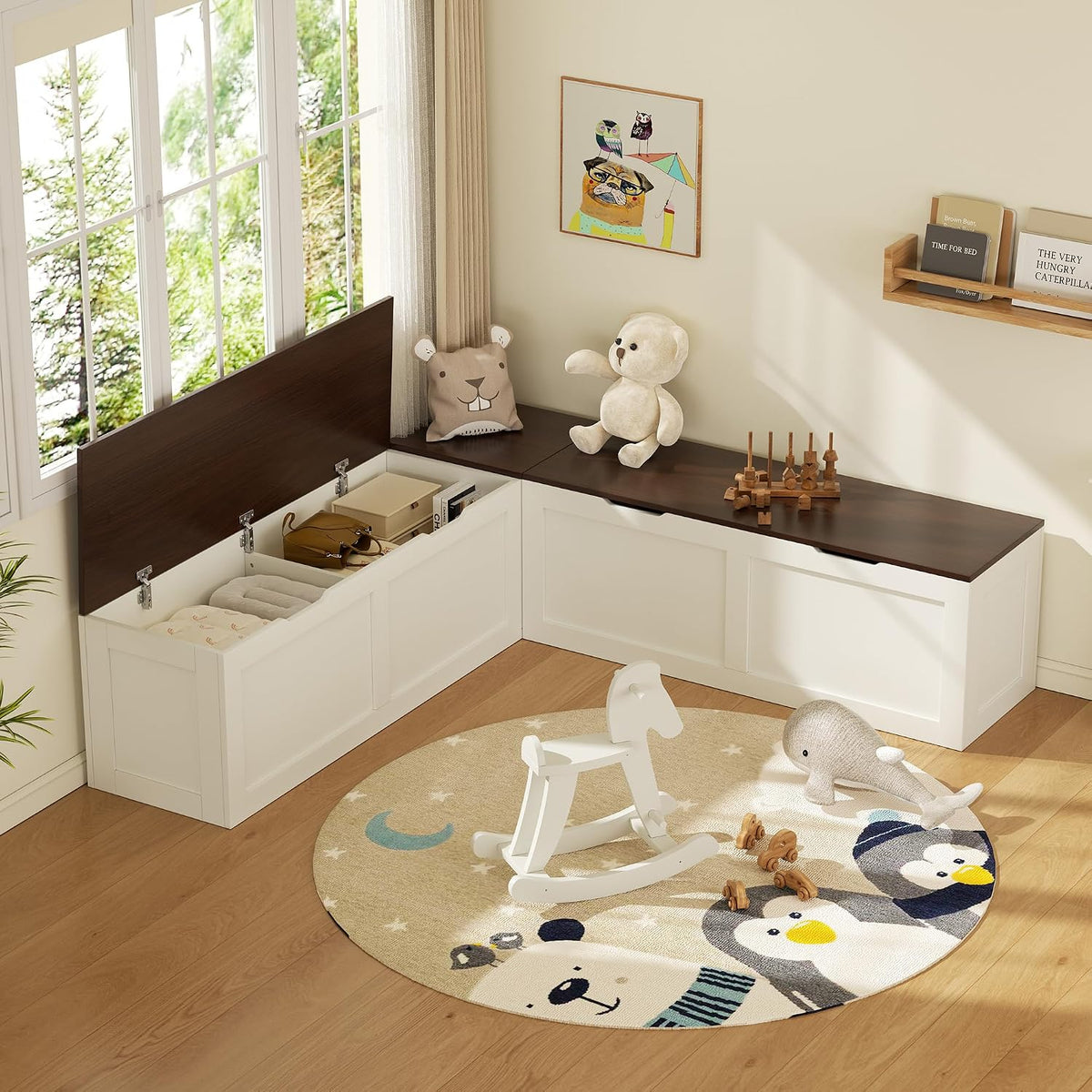 l shaped bench with storage, 63" breakfast nook shown in use