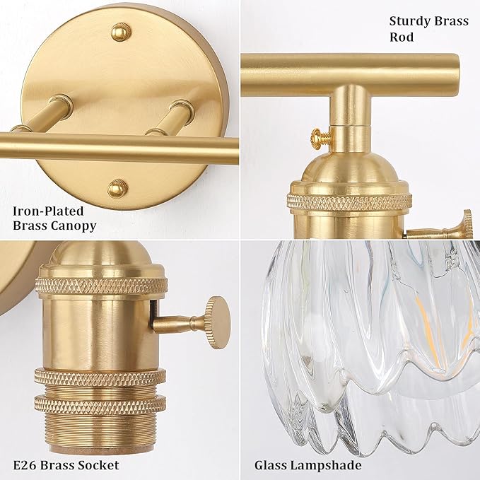 Shenmoyl Bathroom Light Fixtures, 2-Light Brass Vanity Wall Light Over Mirror - Image 7