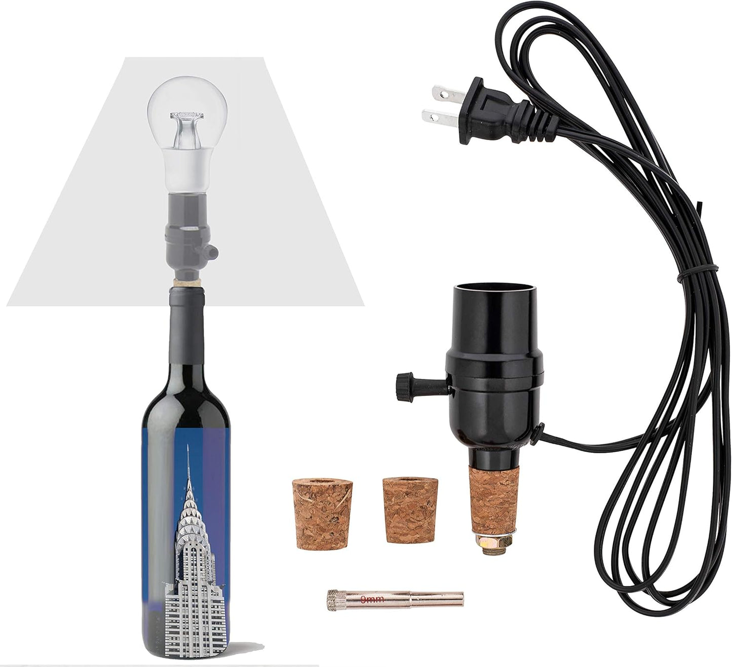 Bottle lamp kit, with 9mm Glass Drill bit, Works with Wine Bottle or Any Other Glass Liquor Bottles, UNO Slip-on Socket 8 ft Black Cord UL Listed lamp Wiring Parts.