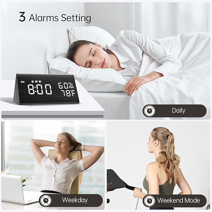Digital Alarm Clock, with Wooden Electronic LED Time Display, 3 Alarm Settings - Image 2