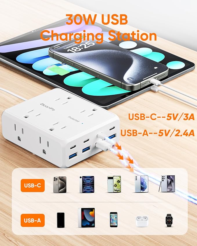 Olcorife Power Strip 8 AC with 8 USB Ports, 10 FT Flat Plug Extension Cord - Image 6