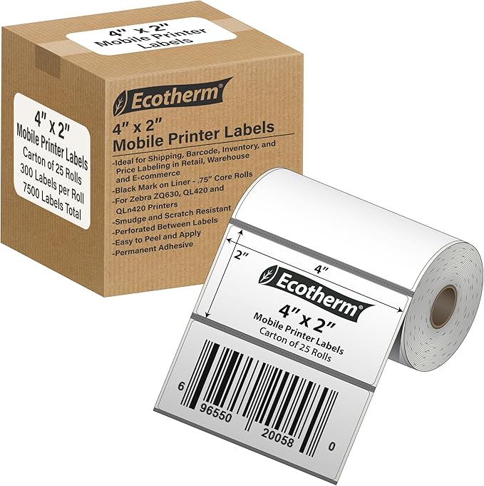 4" x 2" Mobile Printer Labels | 25 Rolls | 7500 Labels | fits Zebra ZQ630 by EcothermProducts