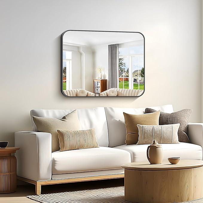 Bathroom Mirror, 30 x 24 inch Metal Framed Black Rectangle Mirror, Rounded - Image 2