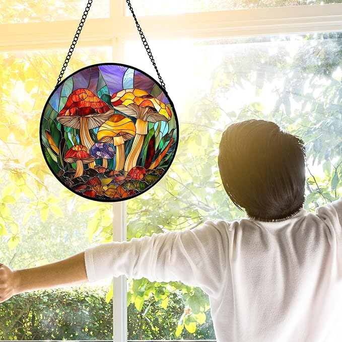 DASTOLL Stained Glass Window Hanging, Jungle Mushrooms Sun Catchers Diamond - Image 2