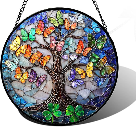 DASTOLL Stained Glass Window Hanging, Butterfly Tree Clover Sun Catchers Glass by DASTOLL