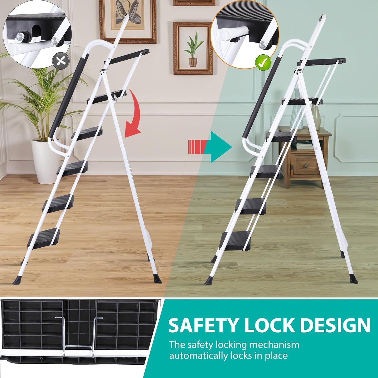 ZENY 5 Step Ladder, Step Stool Foldable with Anti-Slip Pedal & Comfortable Handrail, Sturdy Steel Ladder, Protable Heavy Duty Step Stool for Kitchen, Garage & Outdoor Use (White)