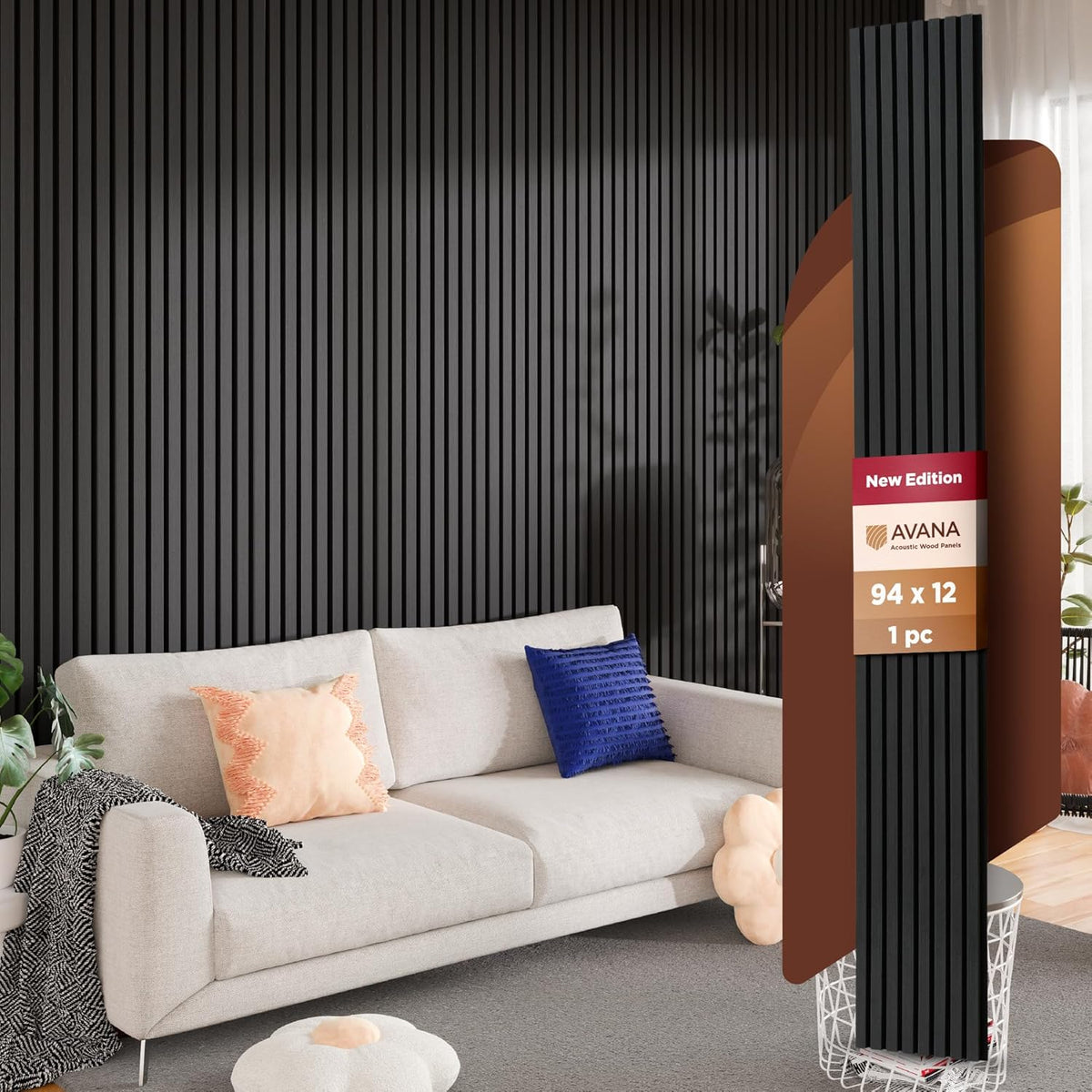 Avana Modern Acoustic Wood Wall Panels – 94.4 X 12.6 Inch Black Oak Acoustic
