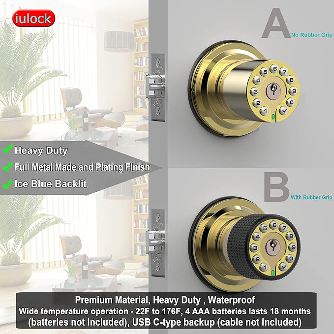 iulock Smart Door Knob with Keypad and Key, Keyless Entry Door Lock with Rubber - Image 2